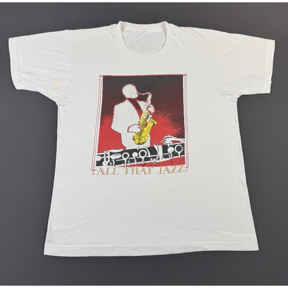 Rare Vintage 80s All That Jazz Music Art White Single Stitch Shirt Fit Large